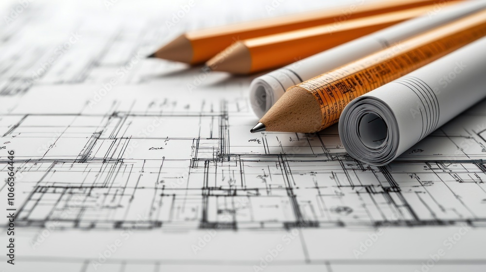 Poster architectural blueprints with drafting tools for design and planning.