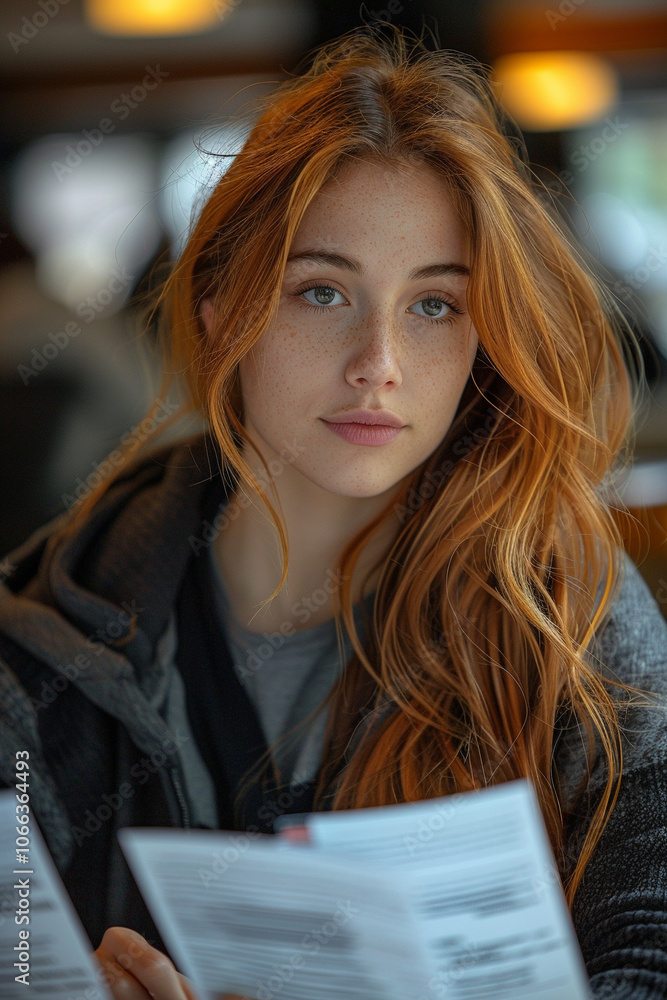 Poster a student engages with flashcards while studying for an upcoming test in a cozy café setting