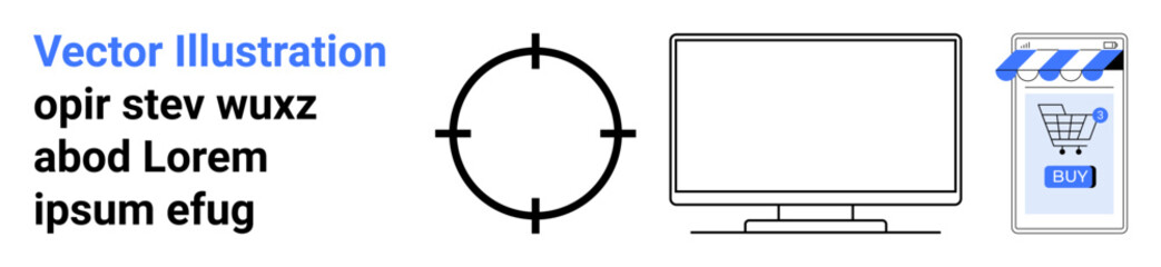 Crosshair target icon next to a desktop monitor and mobile phone showing online shopping cart. Ideal for online marketing, e-commerce platforms, advertising strategies, customer targeting, retail