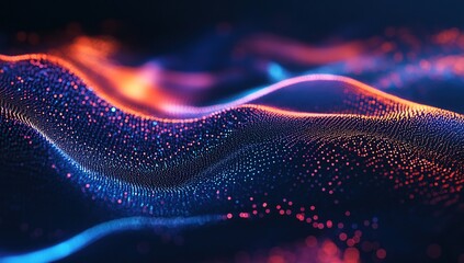 Abstract glowing wave of particles with orange and blue light on dark background.
