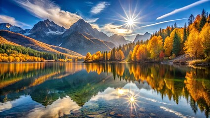 Obraz premium A Serene Mountain Lake Reflecting the Golden Hues of Autumn and the Radiance of a Setting Sun