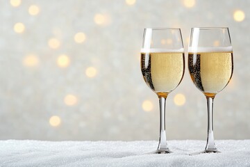 Champagne Glasses with Festive Holiday Background, Two champagne glasses filled with bubbly on a festive background with winter pine decor and soft golden holiday lights, celebrating the season.


