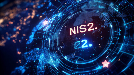 A map of Europe with stars arranged in a circle around the letters "NIS2". The design has a technological feel.