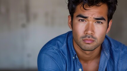 Fototapeta premium Intense Portrait of a Young Man in a Blue Shirt