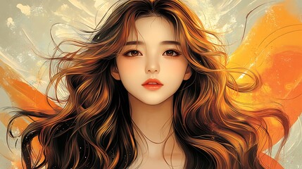 Fototapeta premium A beautiful anime girl with long brown hair blowing in the wind.