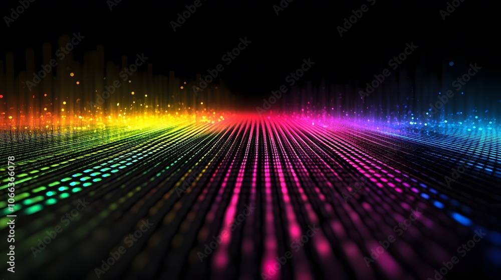 Poster vibrant rainbow data stream: glowing pixels flowing in a mesmerizing neon wave across a dark backgro