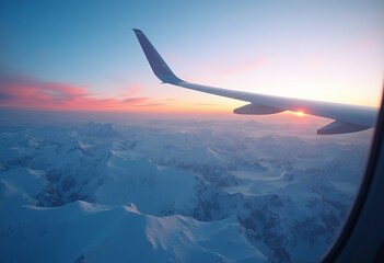 Obraz premium A view from an airplane window showing the wing of the aircraft and the snowy mountain landscape