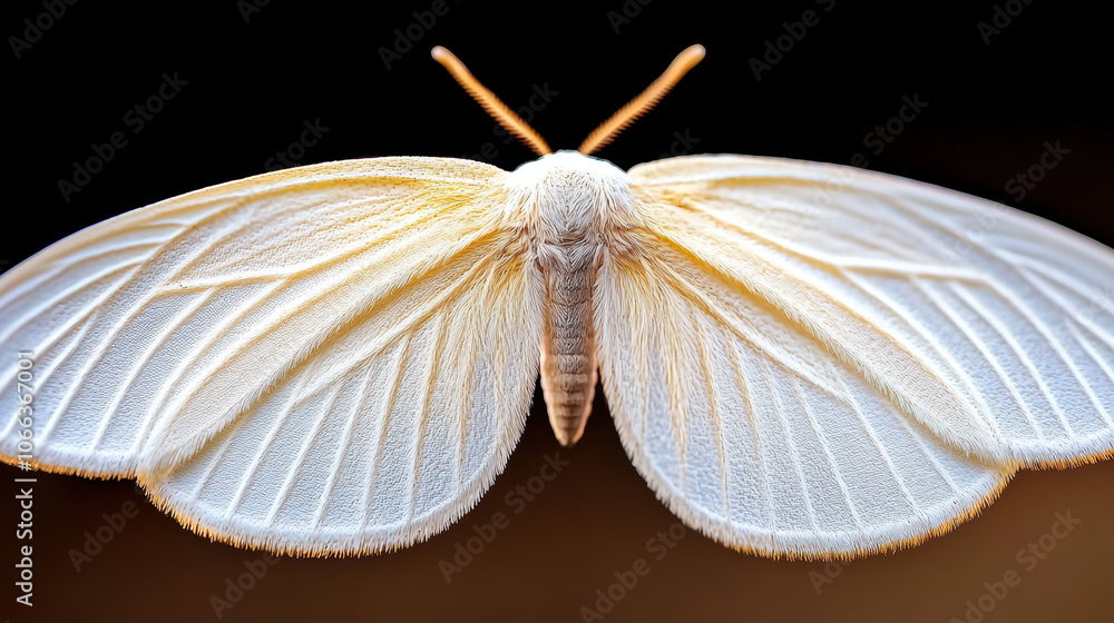 Poster a close-up image of a delicate, white moth showcasing detailed wing patterns against a dark backgrou