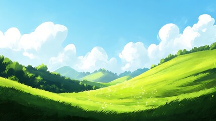 Obraz premium Lush Green Hills Under a Bright Blue Sky with Puffy Clouds