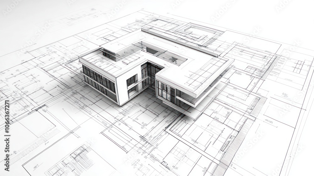 Poster a modern architectural blueprint featuring a 3d model of a building design.