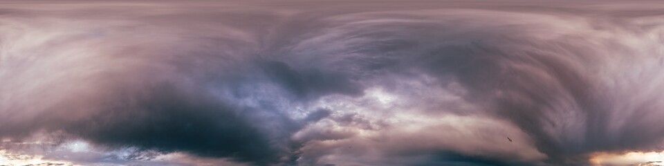 Dark moody rain clouds in dramatic overcast sky. Seamless 360 HDR spherical panorama. Full zenith or sky dome in 3D environment, sky replacement for aerial drone panoramas. Climate and weather change.