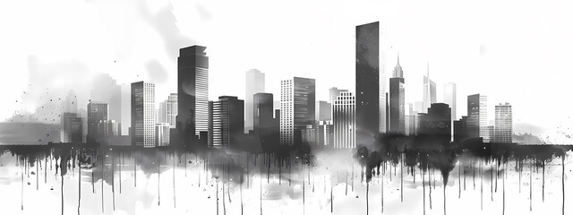 A dramatic black and white skyline silhouette showcasing various towering buildings against a minimalist backdrop.