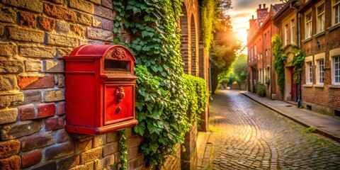 A Red Mailbox Adorns a Brick Wall in a Sunlit Alleyway, Vines Growing Up the Side of the Building, a Cobblestone Road Leads Into the Distance
