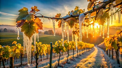 Fototapeta premium Frozen Vine Tendrils Glisten in the Golden Hour Sunlight