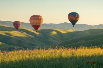 Obraz premium Colorful hot air balloons floating above soft, rolling hills covered in green grass and wildflowers.
