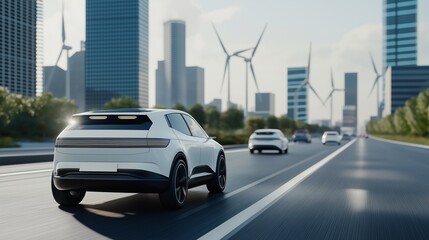 Fototapeta premium Futuristic Electric Vehicle on Urban Roadway