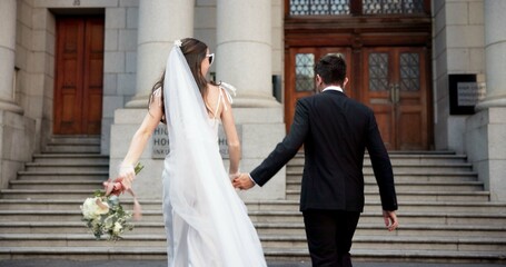 City, running and back of couple for wedding at town hall for marriage certificate, ceremony and...