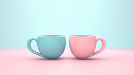 Obraz premium Pastel blue and pink background representing infinity featuring two ceramic cups filled with freshly brewed coffee