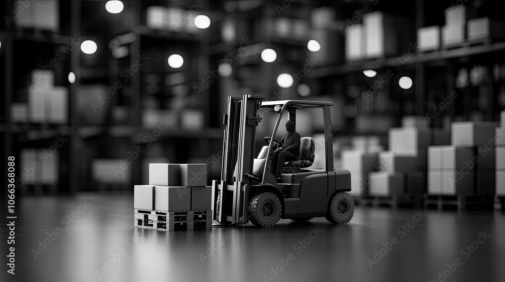 Poster black and white high resolution image of forklift in warehouse, showcasing its functionality and des