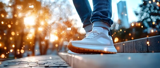 Silhouetted person standing on urban steps at night surrounded by holographic icons representing business targets success and growth opportunities in a futuristic city skyline