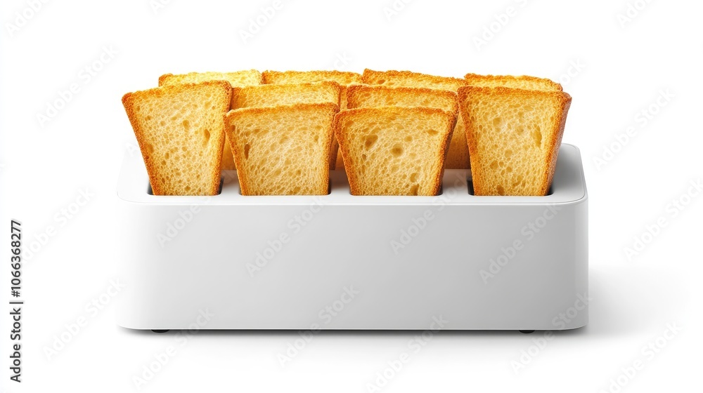 Poster sliced toasted bread emerging from a white toaster isolated on a clean background