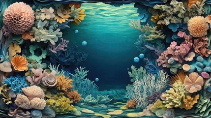A vibrant underwater scene with colorful coral reefs, blue water, and air bubbles, creating a whimsical and inviting atmosphere.