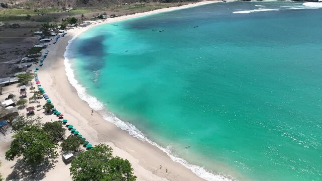 Tropical island beach vibes Mawun Beach Kuta Lombok Indonesia aerial views 4k mavic 3