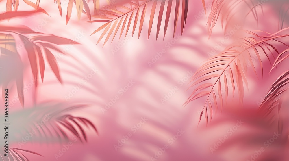 Poster soft shadows of palm leaves create a blurred pattern on a pink wall forming a minimalist abstract ba