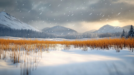 Obraz premium tranquil winter field with swirling storm clouds, snowflakes falling gently on golden grass. serene landscape features distant mountains and moody sky