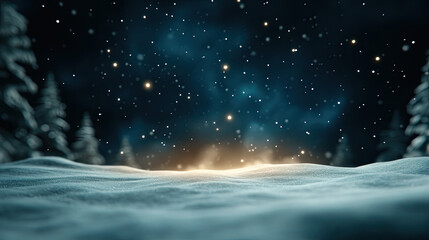 Fototapeta premium serene winter landscape with softly falling snowflakes, illuminated by gentle glow. scene captures tranquility of snowy night, surrounded by evergreen trees