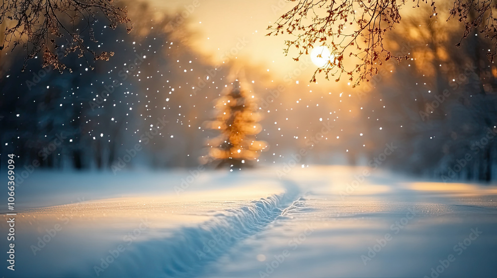 Poster serene winter landscape featuring snowy path leading through tranquil scene. soft sunlight filters t