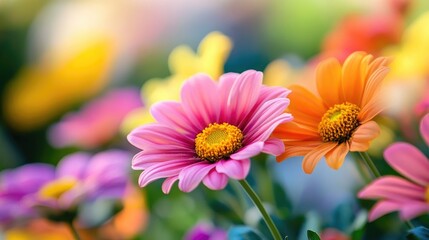 Obraz premium Romantic garden scene showcasing a close up of vibrant flowers in full bloom capturing the essence of romance and natural beauty