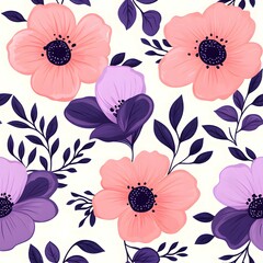A seamless pattern of pink and purple flowers on a white background.