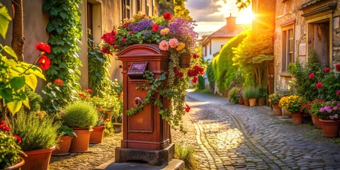 A charming cobblestone lane, bathed in the golden glow of sunset, features a vintage mailbox adorned with a vibrant array of flowers, adding a touch of color and whimsy to the quaint street scene.