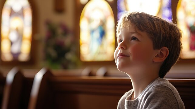 Serene church atmosphere young boy contemplating during Holy Saturday sense of Easter anticipation top right area for text