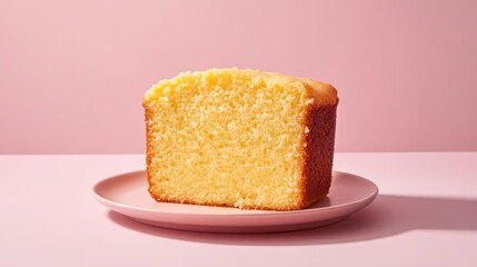 Pound cake displayed on a plate with a soft pink studio backdrop