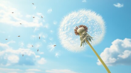 Fototapeta premium Puffed dandelion releasing seeds carried by the breeze