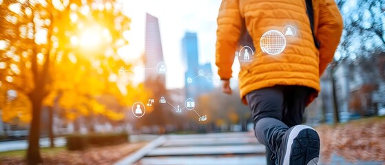 Fototapeta premium Man standing on concrete stairs in the middle of a city surrounded by holographic icons representing goals achievements and various aspects of success and progress