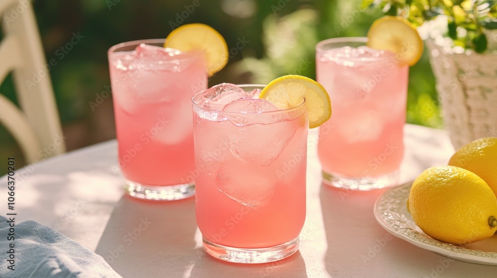 Poster refreshing pink lemonade served over ice with a lemon slice beautifully arranged on a table in an ou