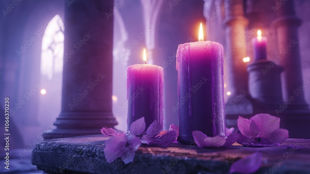 Poster purple candles on a serene altar creating a tranquil and sacred atmosphere with soft light illuminat