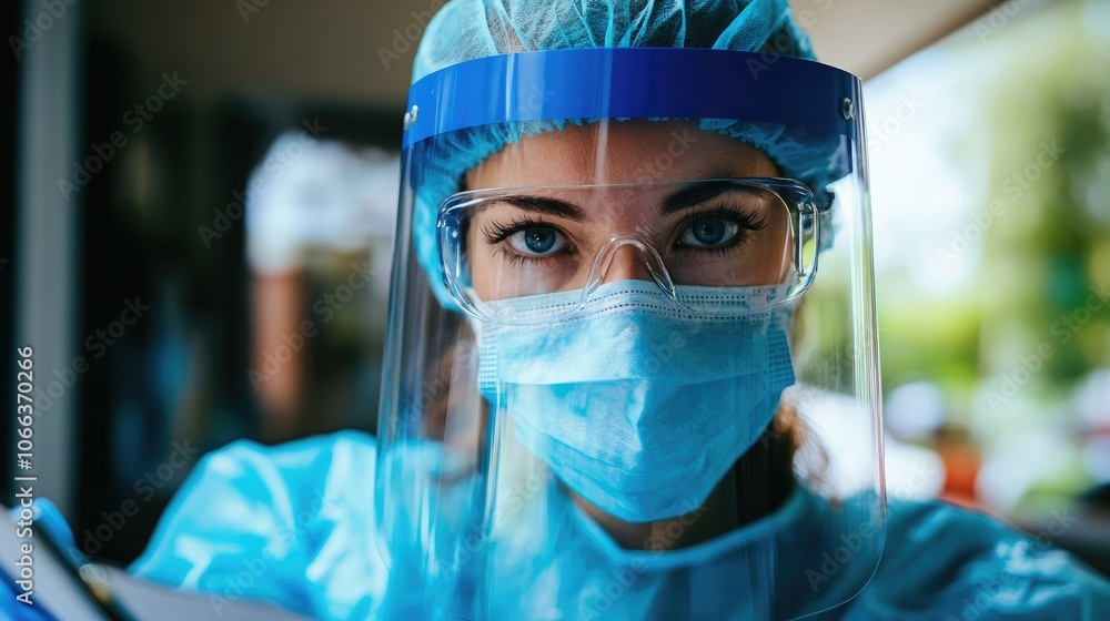 Wall mural portrait of a female dentist wearing protective gear shield mask and glasses taking notes in a plann