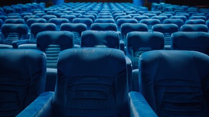 Naklejka premium Rows of blue empty chairs are waiting for an audience to enjoy a show or presentation. The chairs are set in an auditorium