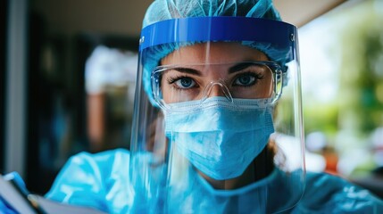Portrait of a female dentist wearing protective gear shield mask and glasses taking notes in a planner at a dental practice