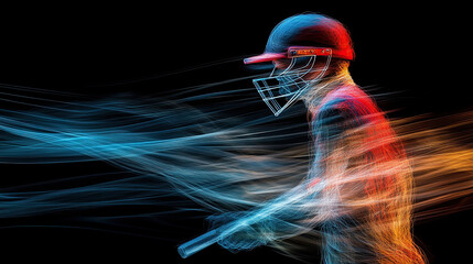 Dynamic abstract graphic of cricket player in motion, showcasing vibrant colors and fluid lines that convey energy and excitement