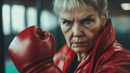 Portrait of an older woman demonstrating strength and resilience as a boxer challenging stereotypes with confidence and vitality during an intense workout Age is no barrier to training