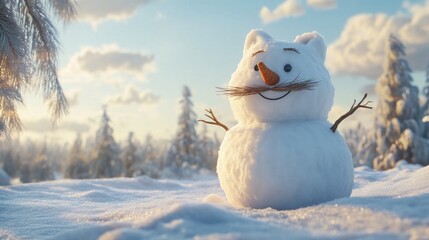 Obraz premium Playful snowman character with twig mustache in a snowy landscape during winter Charming snow sculpture resembling a clumsy cat or bear perfect for winter outdoor themes with ample copy space