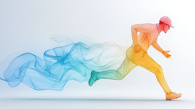 Dynamic abstract graphic of cricketer in full motion, showcasing vibrant colors and fluid lines that convey speed and energy. figure appears to be running with sense of urgency and excitement