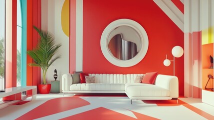 Spacious room featuring a large white sofa and bold red walls complemented by a geometric interior design