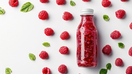 Raspberry juice in a bottle with fresh raspberries on a white background Represents summer fruit...