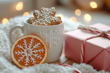 White mug with gingerbread snowflakes and reindeer, orange slice in a red gift box, candy cane, and bokeh lights, creating a festive and colorful holiday scene.